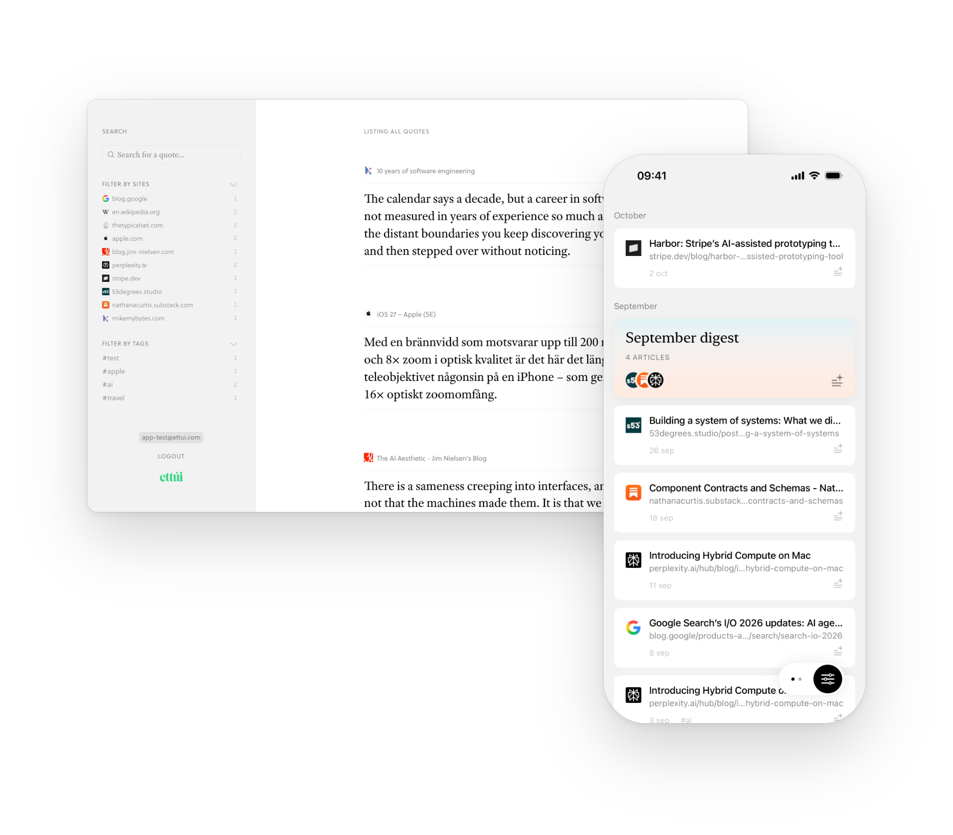 Ettúi on the web and on iPhone, showing saved highlights and a monthly digest